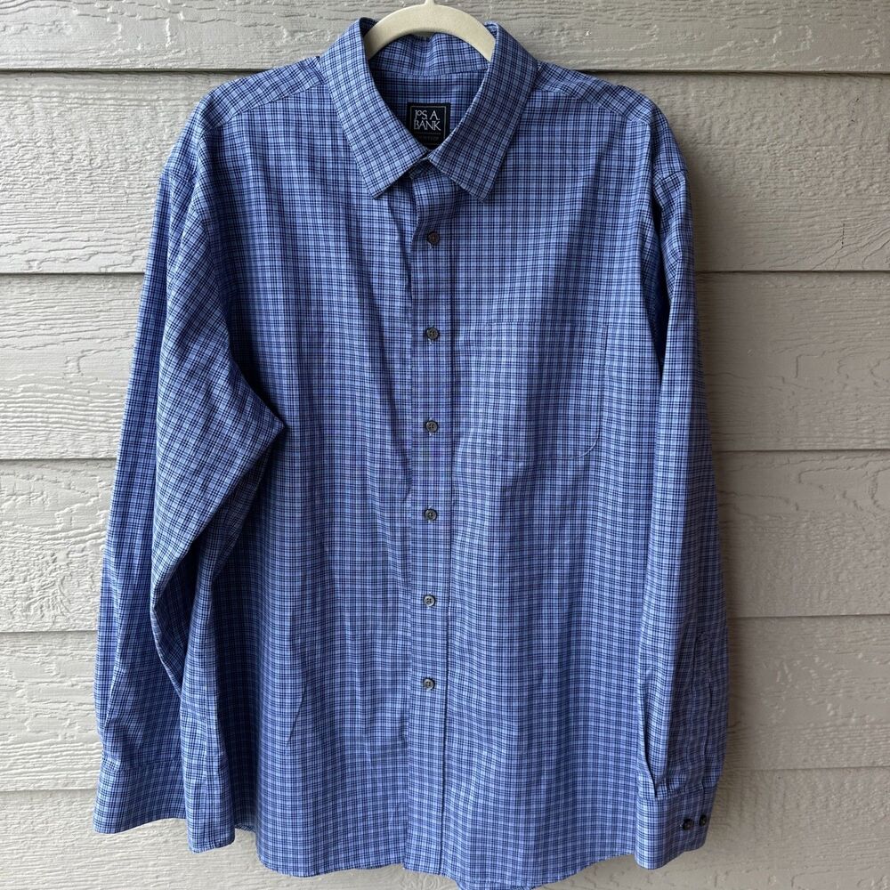 Jos. A. Bank Traveller Mens XL Blue Plaid Check Tailored Dress Button Up Shirt